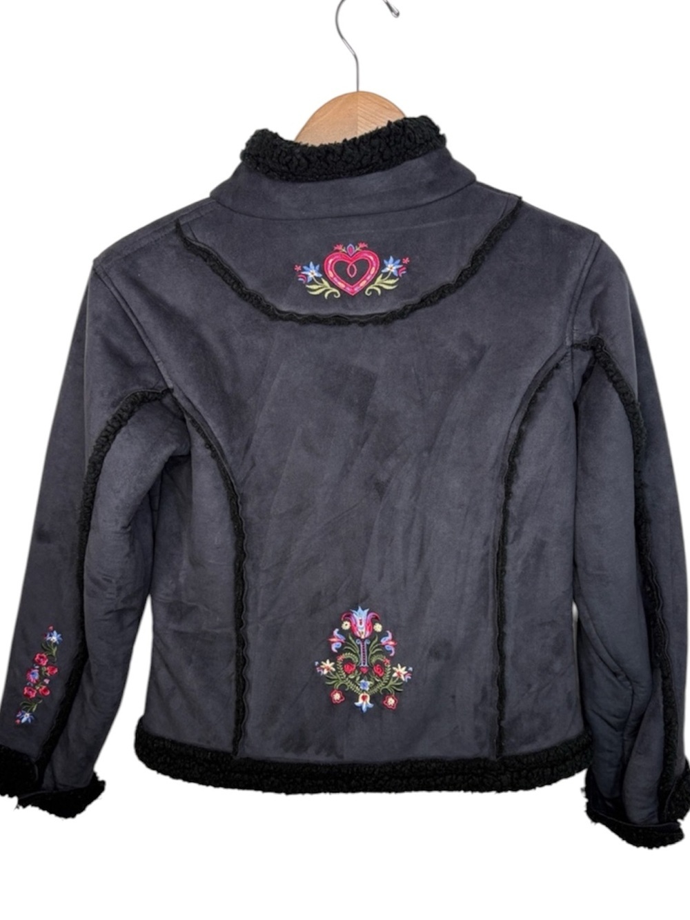 Obermeyer Black Floral Embroidered Faux Suede Shearling Zip Jacket Women Size S